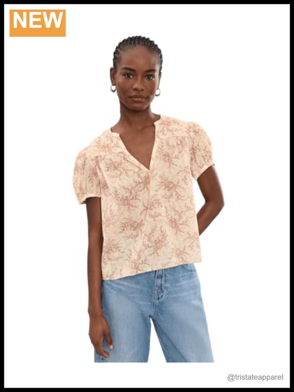Feminine Floral Puff Sleeve Blouse Cotton V-Neck